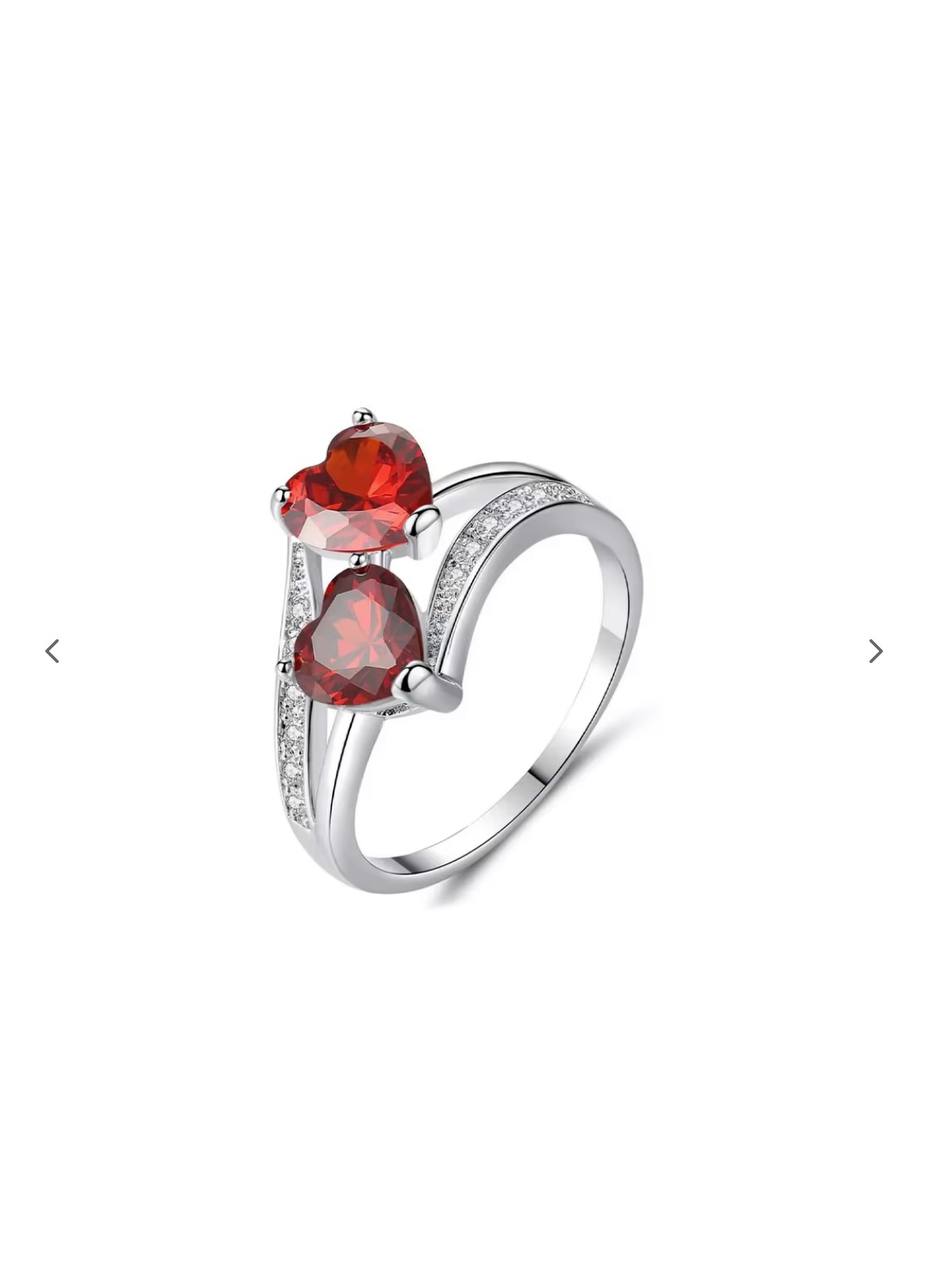 Silver Plated Red Double Heart Proposal Ring for Women and Girls (2 Ring Pack)