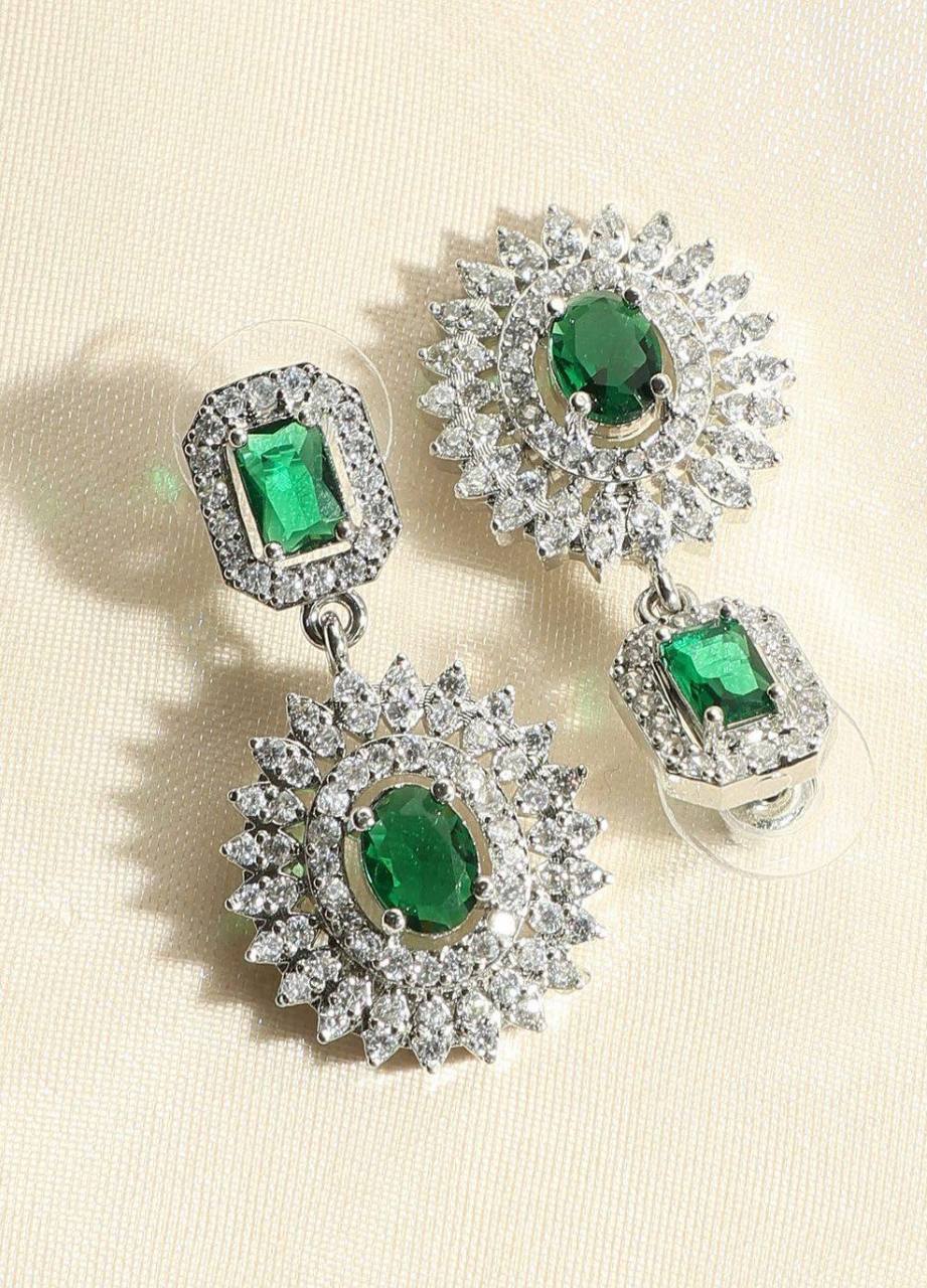 Silver tone green-white square stone earrings with necklace