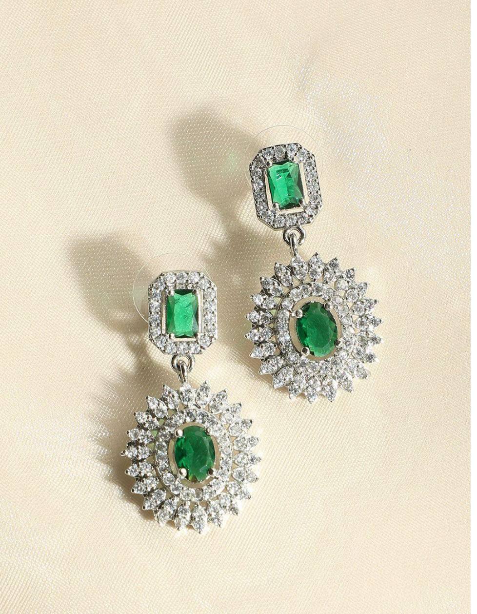 Silver tone green-white square stone earrings with necklace