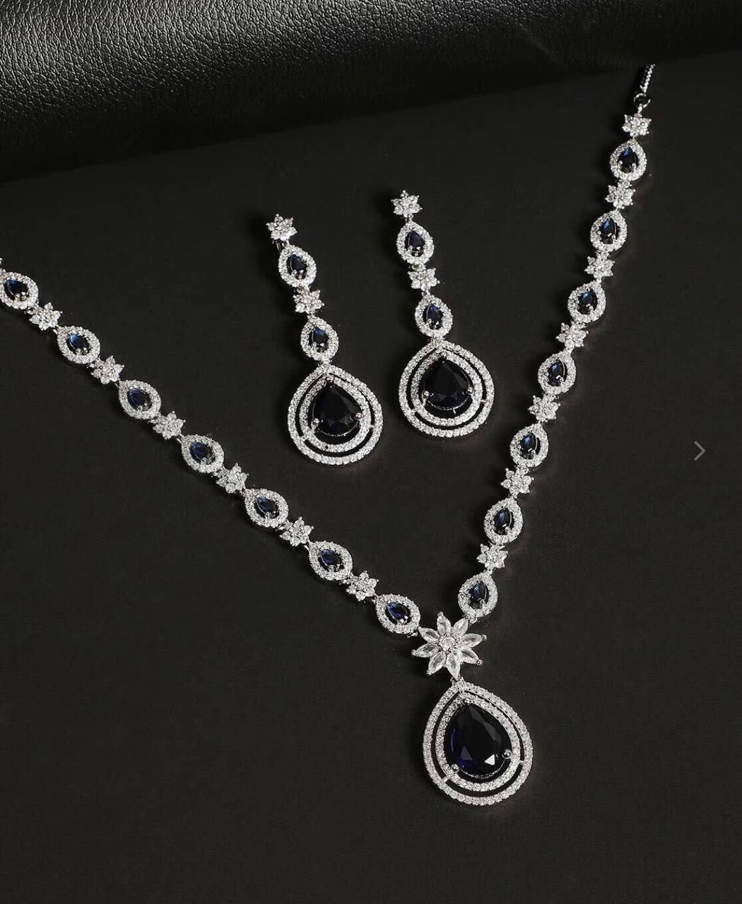 Cubic Zirconia Studded Teardrop & Necklace Set in Silver Tone for Women
