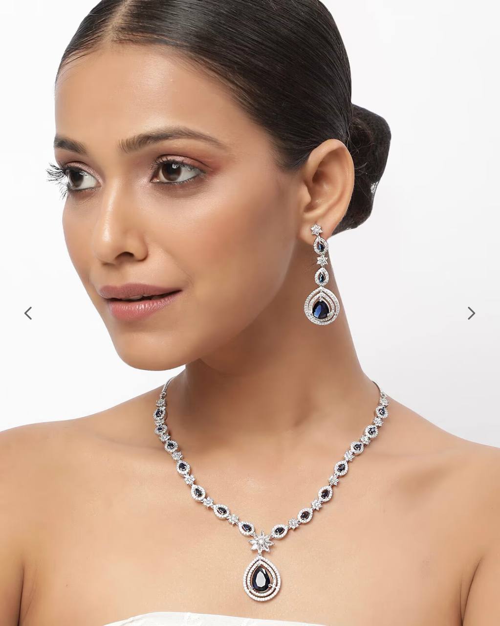 Cubic Zirconia Studded Teardrop & Necklace Set in Silver Tone for Women