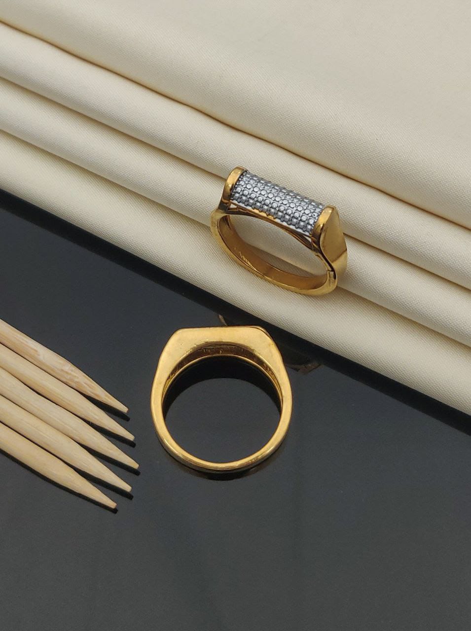 Micro Gold Plated American Diamond Ring for Men (Slim White Pave Bar Design) - Pack Of 2