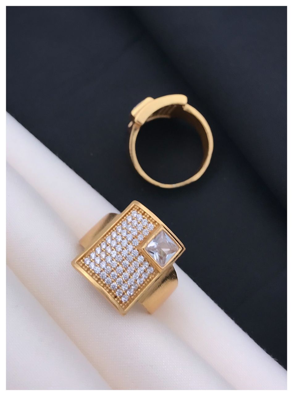 Micro Gold Plated American Diamond Ring for Men (Offset Square Pave Design) - Pack Of 2